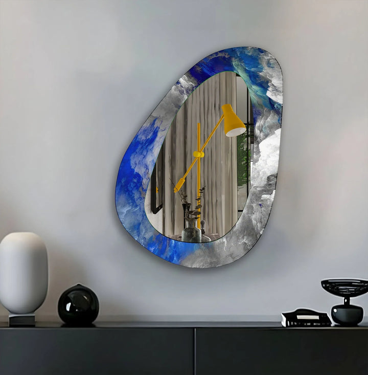 Blue Abstract Asymmetrical Glass Wall Mirror - MyPhotoStation
