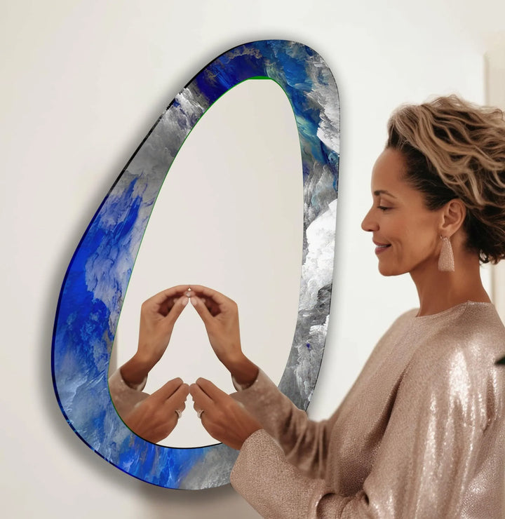 Blue Abstract Asymmetrical Glass Wall Mirror - MyPhotoStation