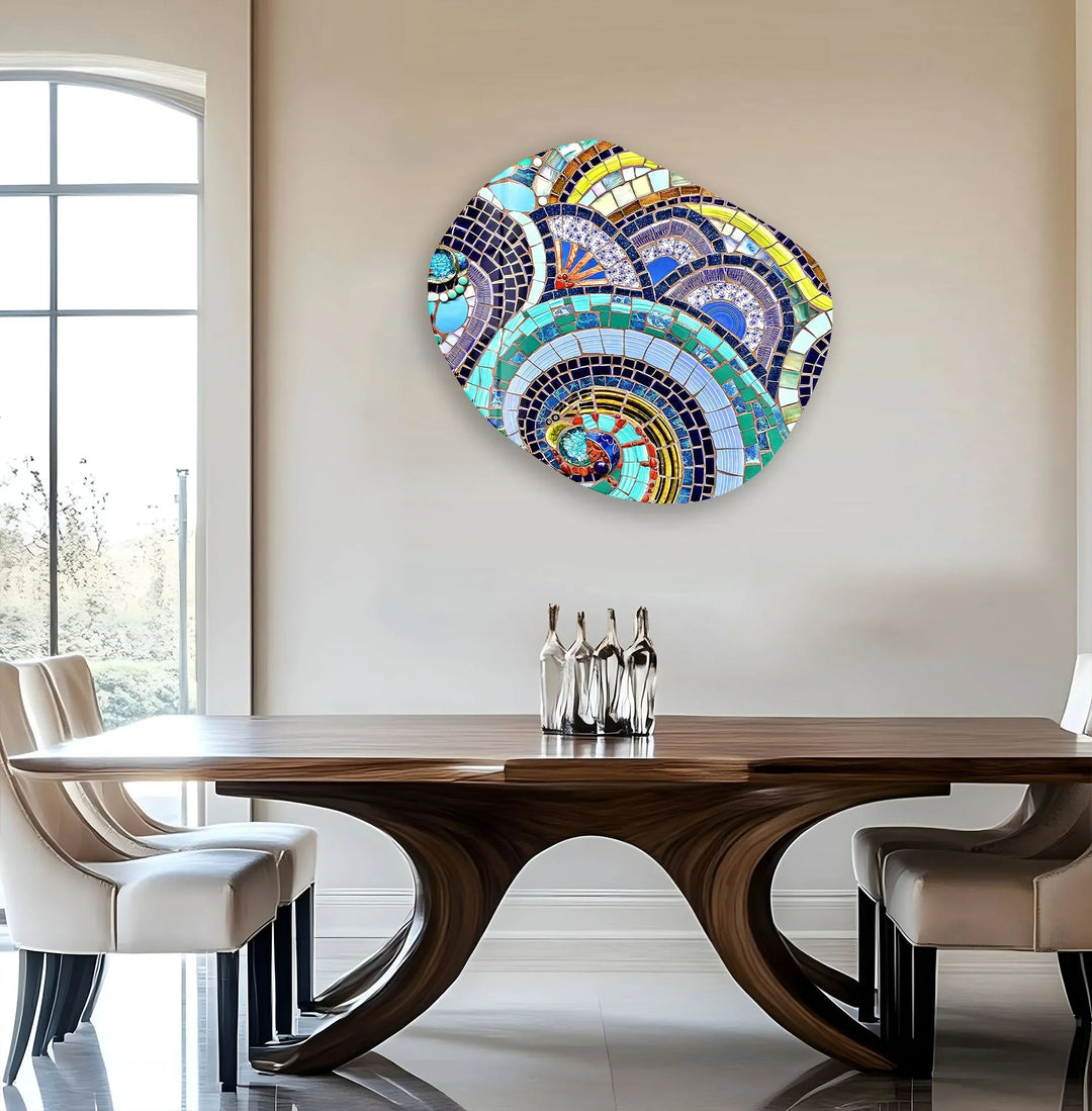 Blue Mosaic Pattern Oval Glass Wall Art, print picture on glass, Tempered Glass Wall Art