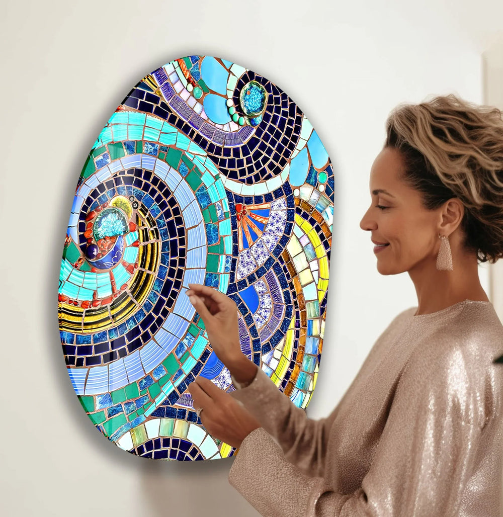 Blue Mosaic Pattern Oval Glass Wall Art, glass wall decor, glass wall art decor