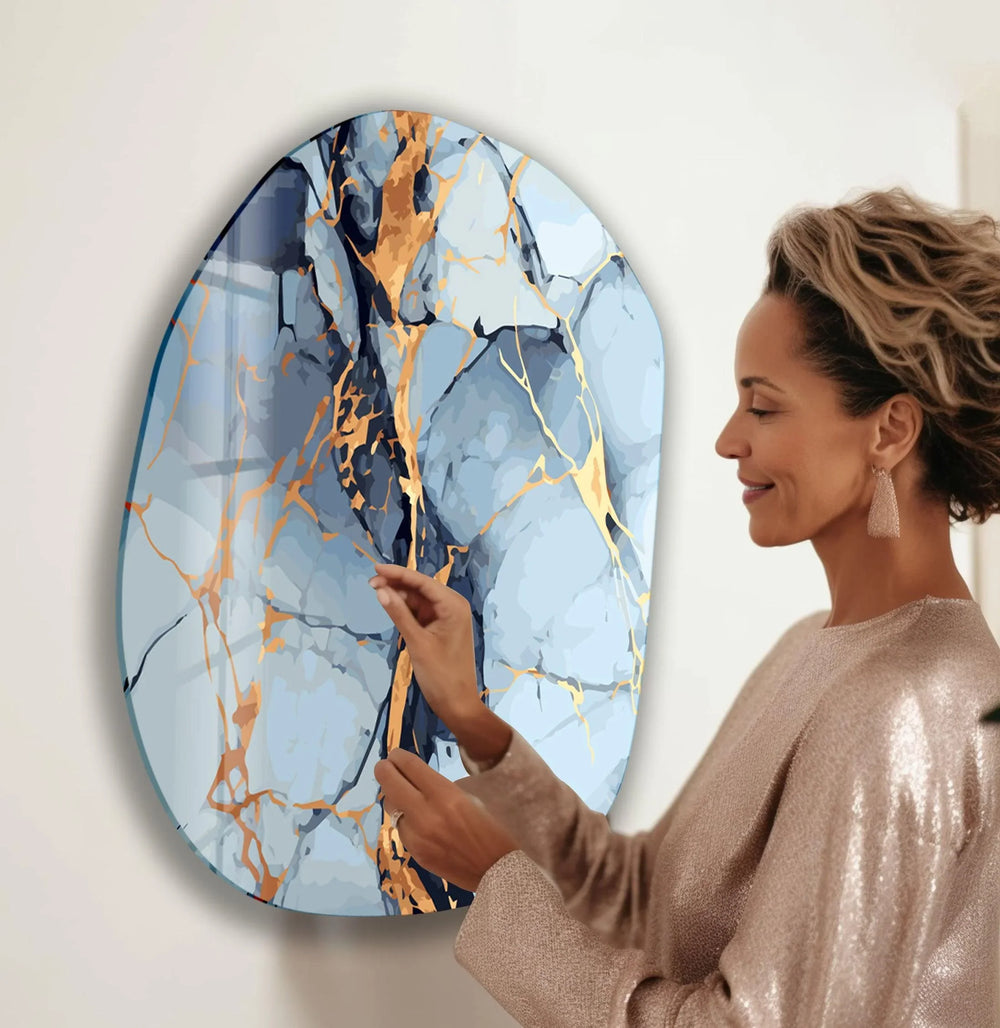 Blue & Gold Marble Oval Glass Wall Art, picture on glass wall art, photos printed on glass