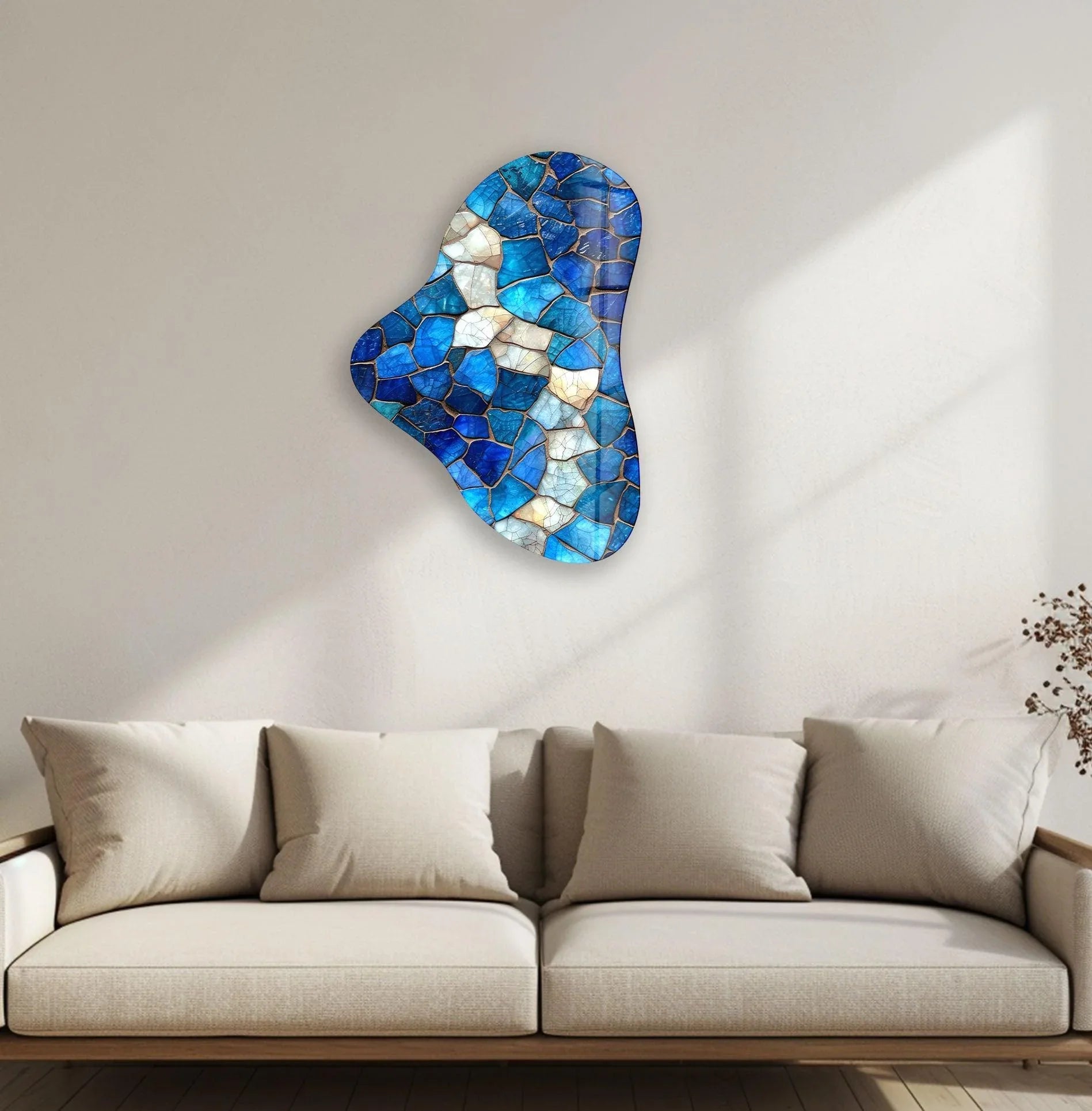 Curated visual reference: Asymmetrical Glass Wall With Disagree Living Room Reference: Blue Stained Asymmetrical Glass Wall Art Modern Decor