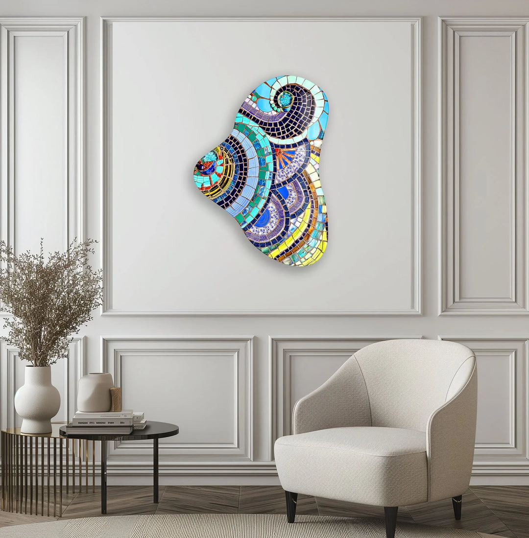 Blue Mosaic Tiles Asymmetrical Glass Wall Art, print on glass, glass printed photos
