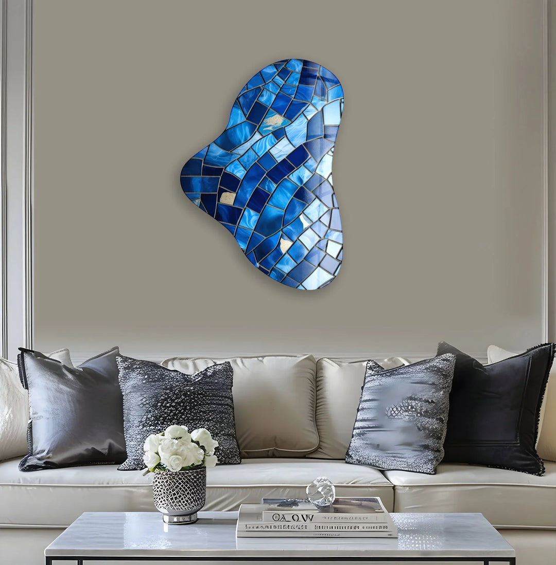 Blue Stained Asymmetric Glass Wall Art, print picture on glass, Tempered Glass Wall Art