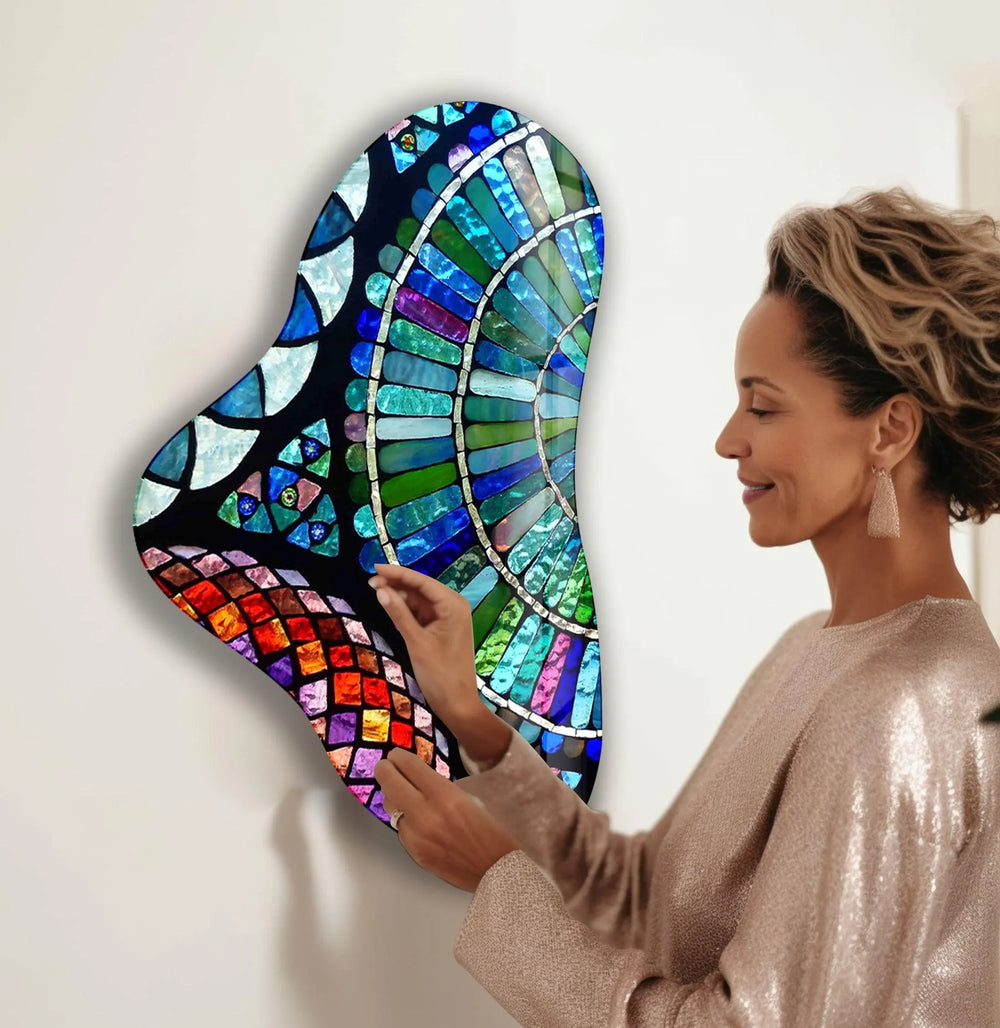 Blue Mosaic Asymmetric Glass Wall Art, picture on glass wall art, photos printed on glass