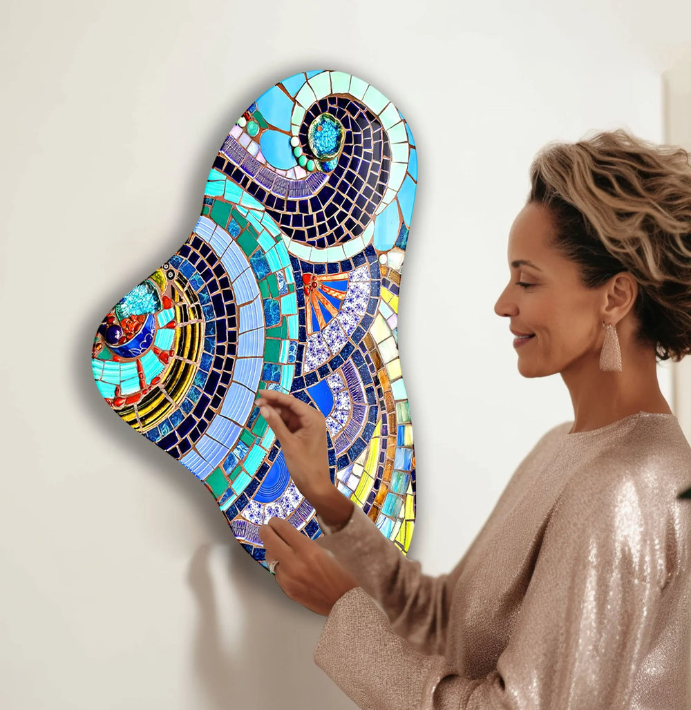 Blue Mosaic Tiles Asymmetrical Glass Wall Art, picture on glass wall art, photos printed on glass