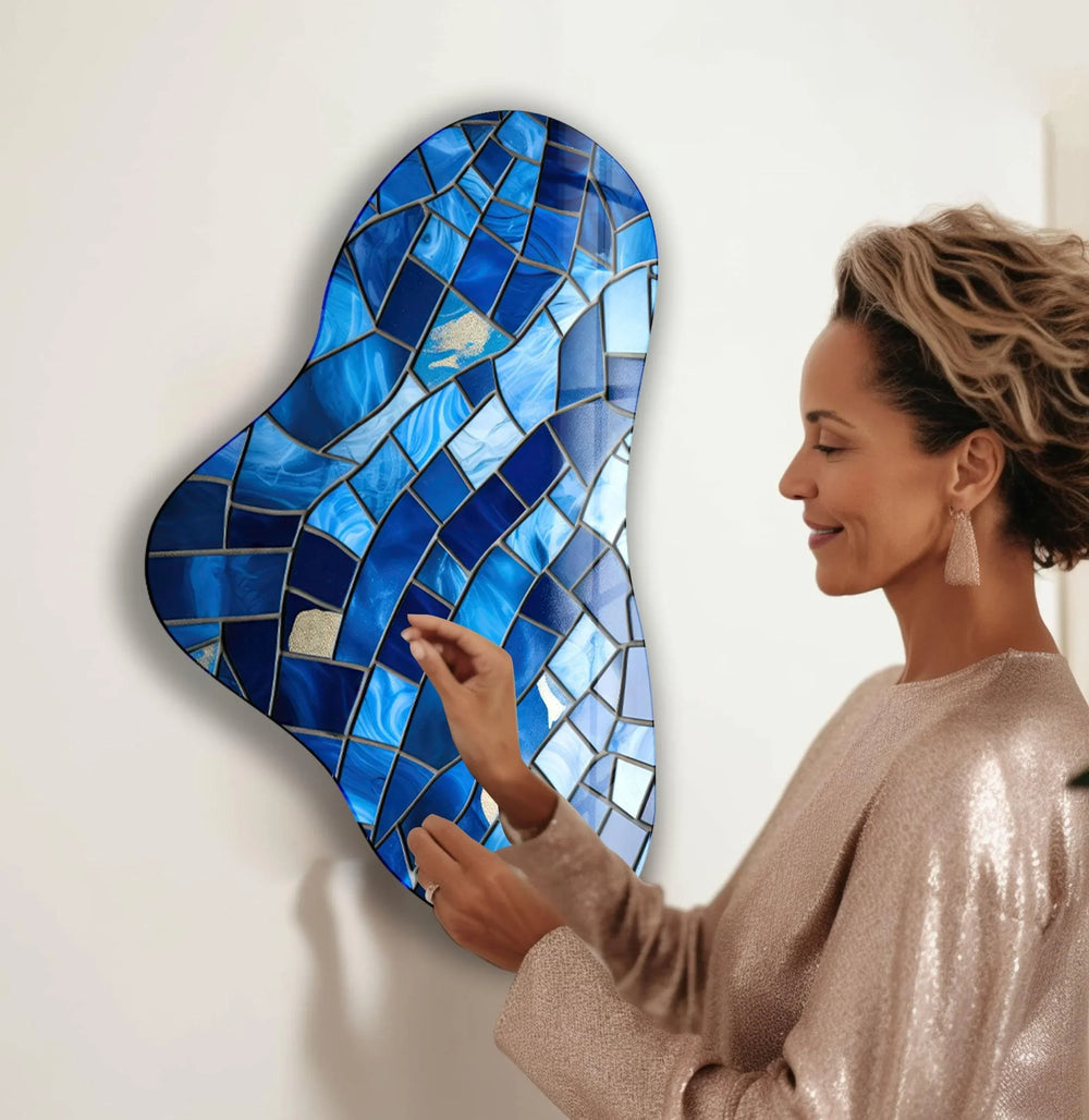 Blue Stained Asymmetric Glass Wall Art, glass wall decor, glass wall art decor