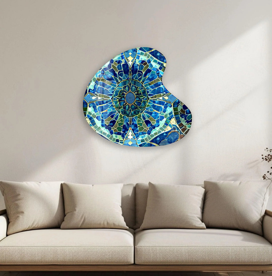 Blue Mosaic Style Irregular Glass Wall Art, print picture on glass, Tempered Glass Wall Art