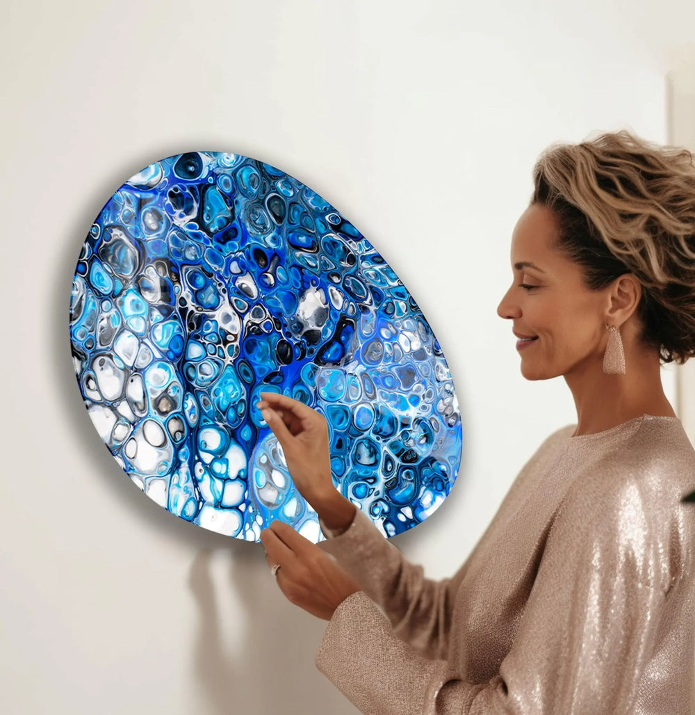 Abstract Watercolor Blue Oval Glass Wall Art, glass wall decor, glass wall art decor