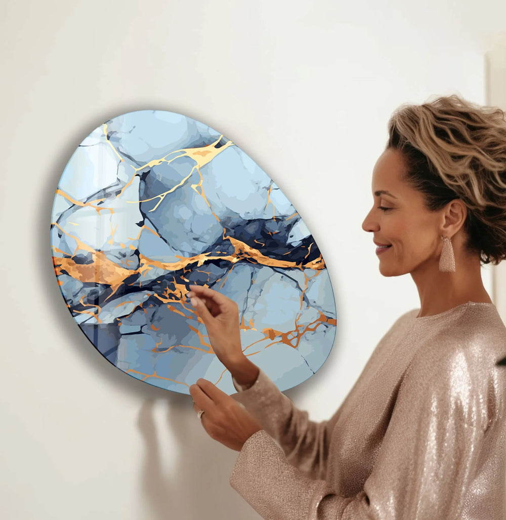 Blue Marble Modern Oval Glass Wall Art, picture on glass wall art, photos printed on glass