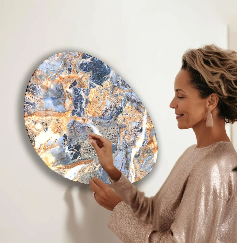 Blue Marble Pattern Oval Glass Wall Art, picture on glass wall art, photos printed on glass