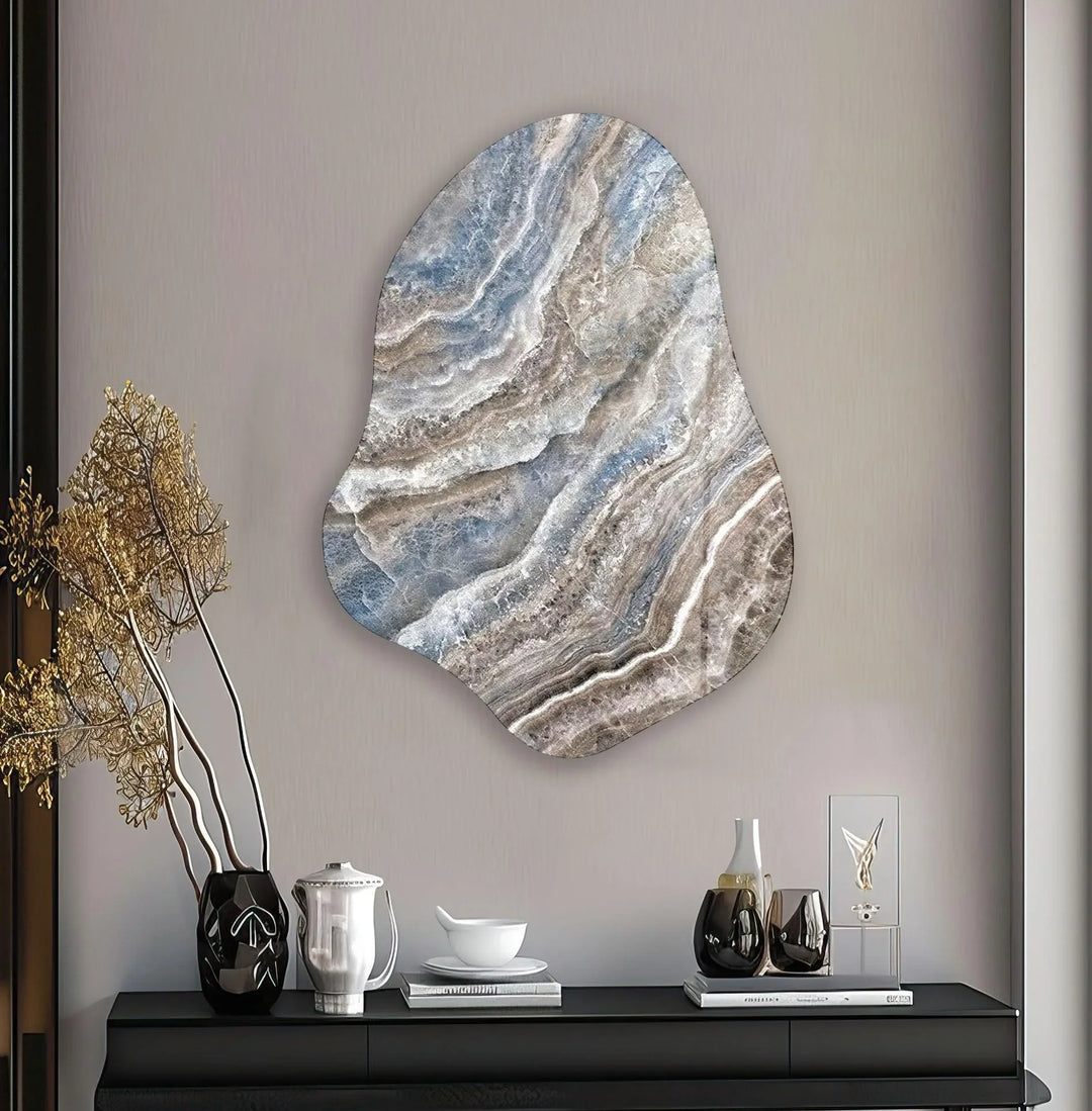 Beige & Blue Marble Irregular Glass Wall Art, custom glass pictures, glass art prints