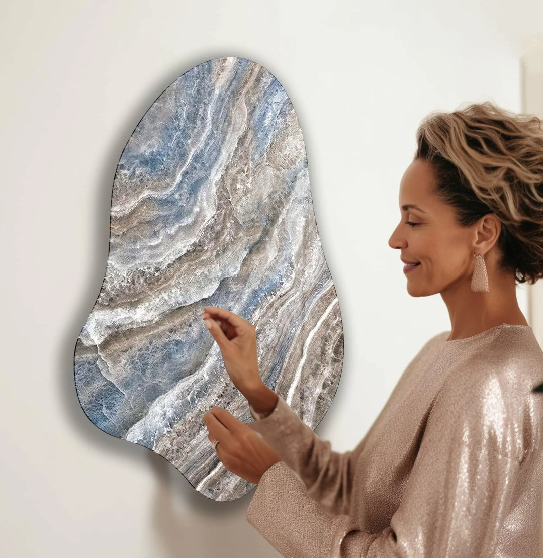 Beige & Blue Marble Irregular Glass Wall Art, picture on glass wall art, photos printed on glass