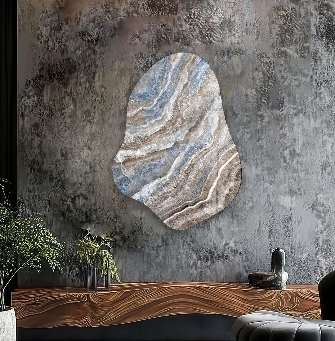 Beige & Blue Marble Irregular Glass Wall Art, glass pictures for Wall, glass prints wall art