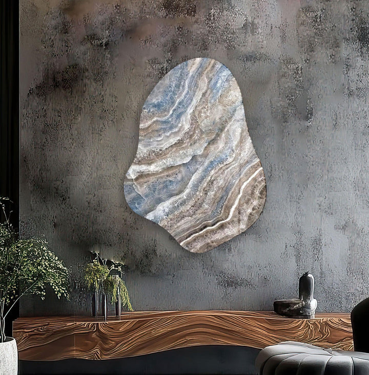Beige & Blue Marble Irregular Glass Wall Art, glass pictures for Wall, glass prints wall art