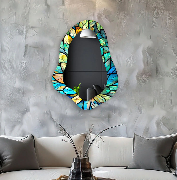 Stained Blue Leaves Irregular Wall Mirror - MyPhotoStation