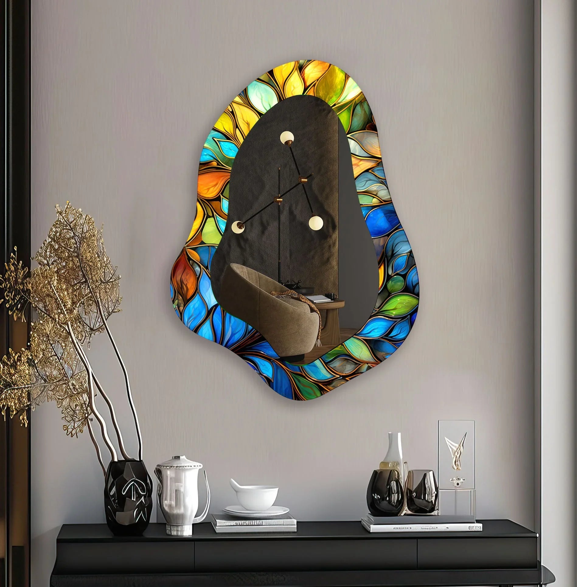 Stained Blue Leaves Decorative Wall Mirror - MyPhotoStation