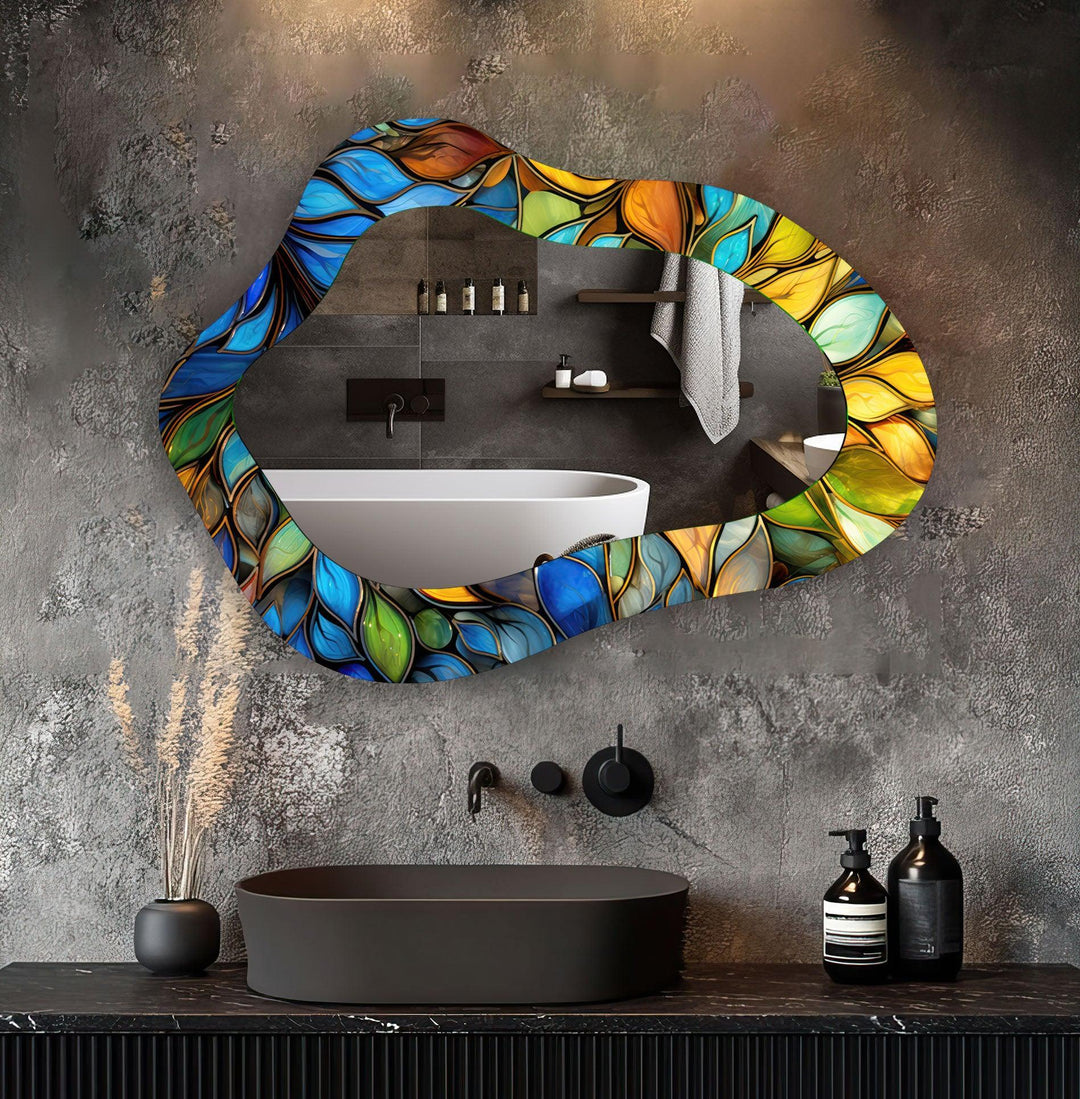 Stained Blue Leaves Decorative Wall Mirror - MyPhotoStation