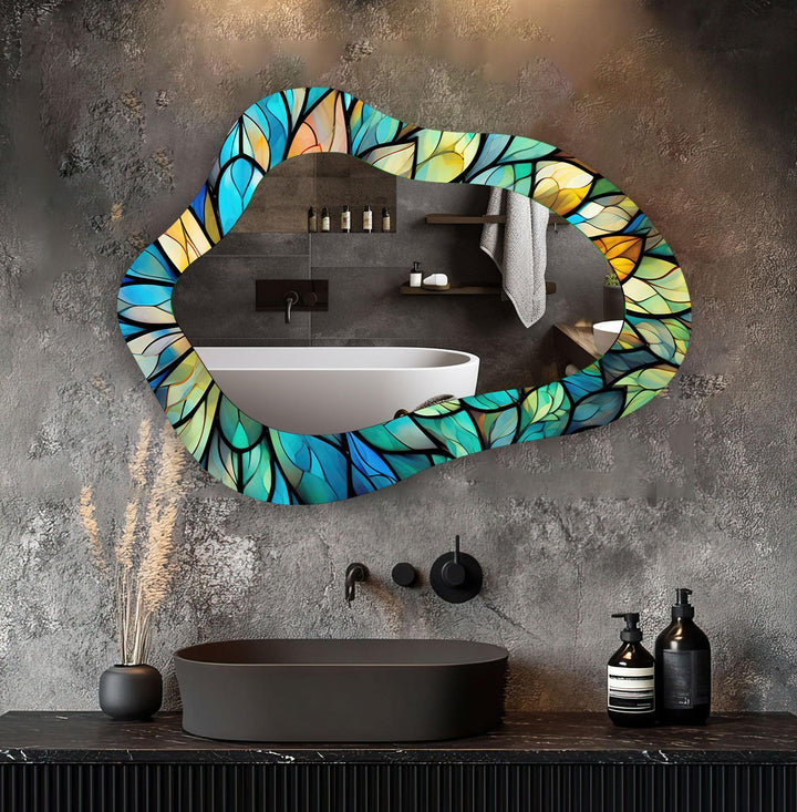 Stained Blue Leaves Irregular Wall Mirror - MyPhotoStation