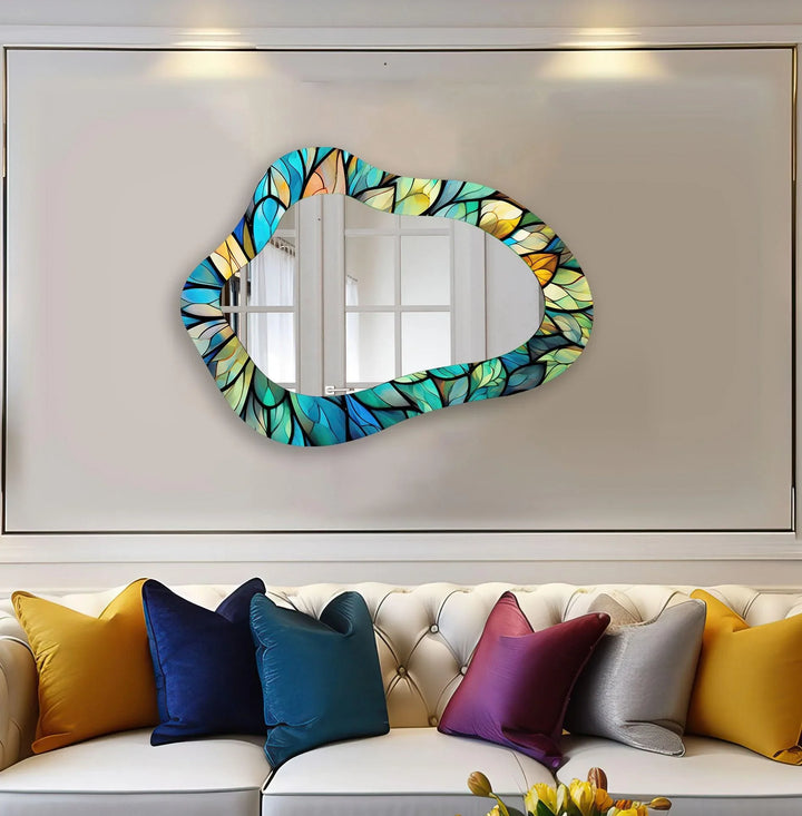 Stained Blue Leaves Irregular Wall Mirror - MyPhotoStation