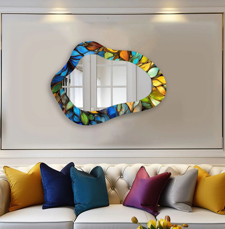 Stained Blue Leaves Decorative Wall Mirror - MyPhotoStation