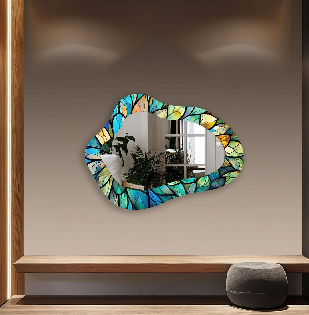 Stained Blue Leaves Irregular Wall Mirror - MyPhotoStation