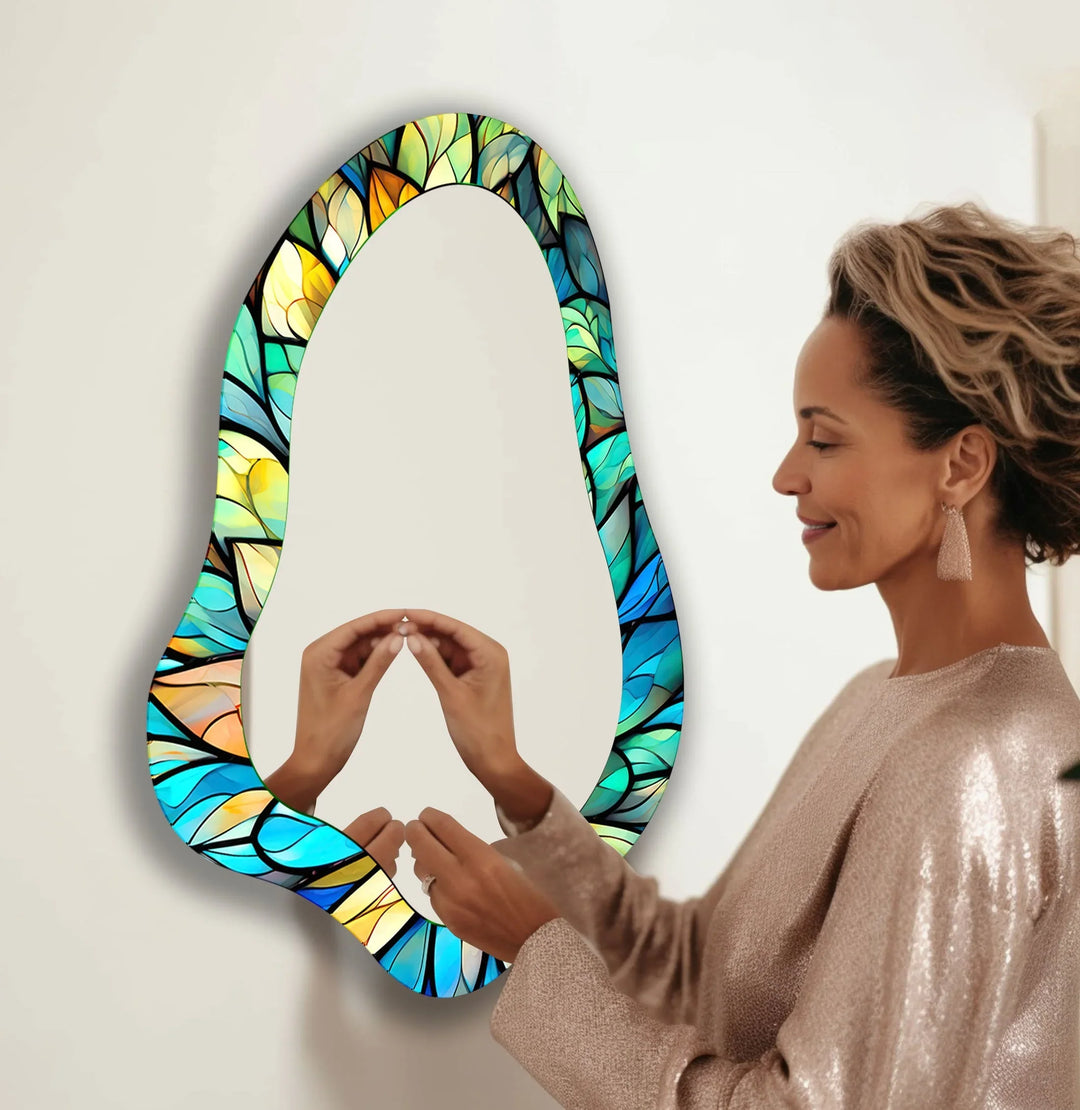 Stained Blue Leaves Irregular Wall Mirror - MyPhotoStation