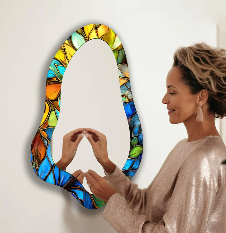 Stained Blue Leaves Decorative Wall Mirror - MyPhotoStation