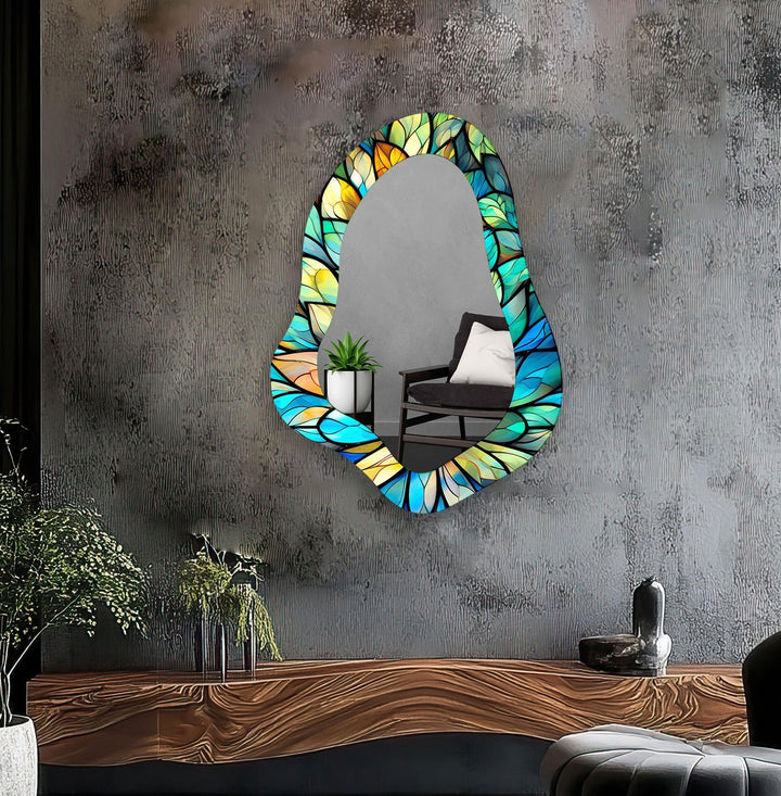 Stained Blue Leaves Irregular Wall Mirror - MyPhotoStation
