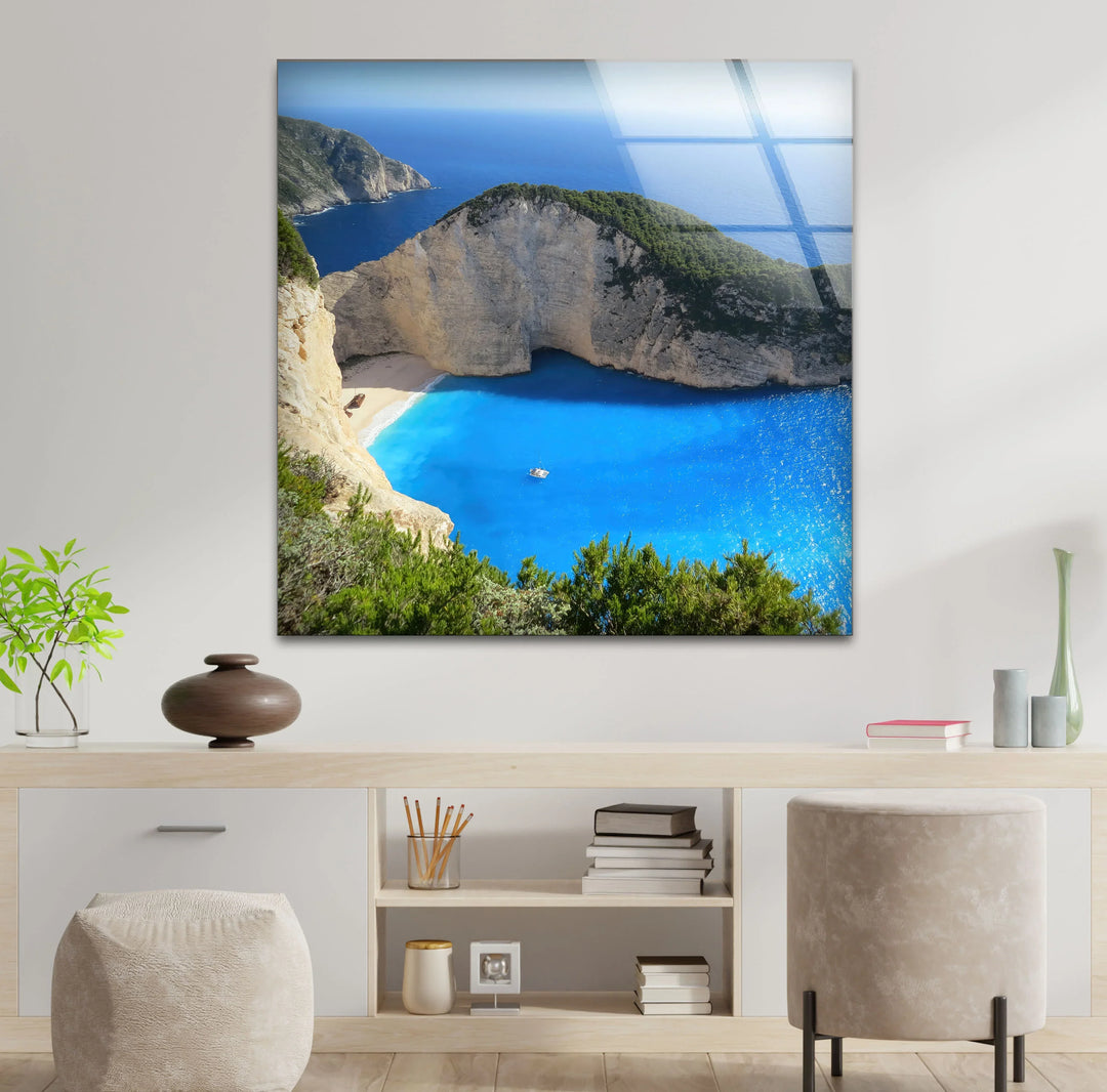 Navagio Beach Wall Art – Stunning Blue Coast Glass Print of Zakynthos Bay for Coastal and Modern Interiors - MyPhotoStation