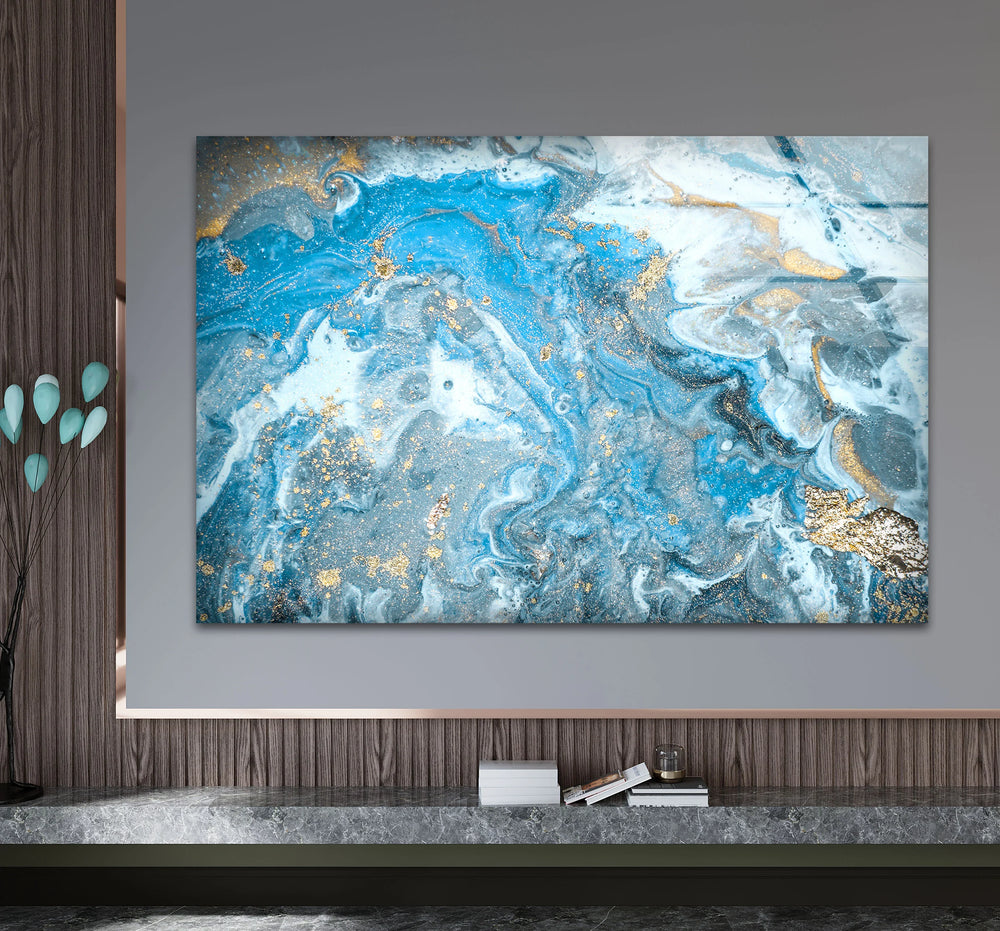 Blue Gold Ocean Marble Wall Art – Elegant Abstract Glass Print Decor - MyPhotoStation