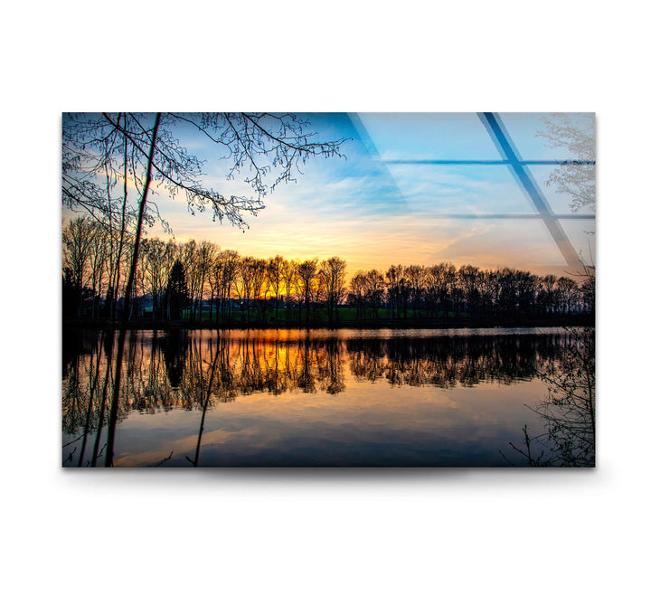 Sunset Forest Reflection Wall Art – Tranquil Lake Glass Print for Nature-Inspired Interiors - MyPhotoStation