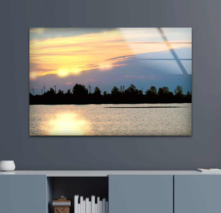 Sunset Lake View Wall Art – Serene Wind Turbine Glass Print for Eco-Inspired and Modern Interiors - MyPhotoStation