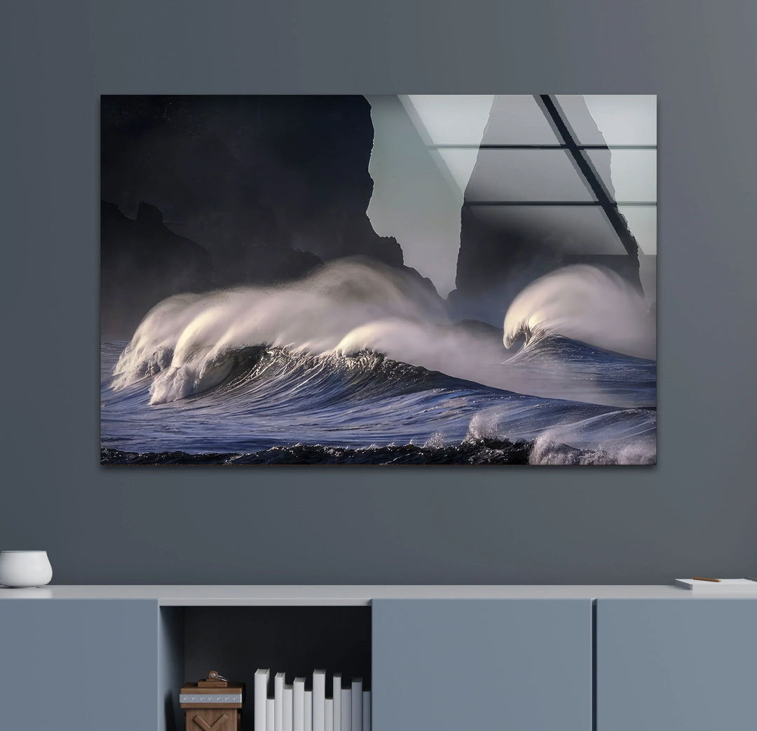 Stormy Ocean Waves Wall Art – Dramatic Coastal Glass Print with Dark Sea Cliffs for Modern Interiors - MyPhotoStation