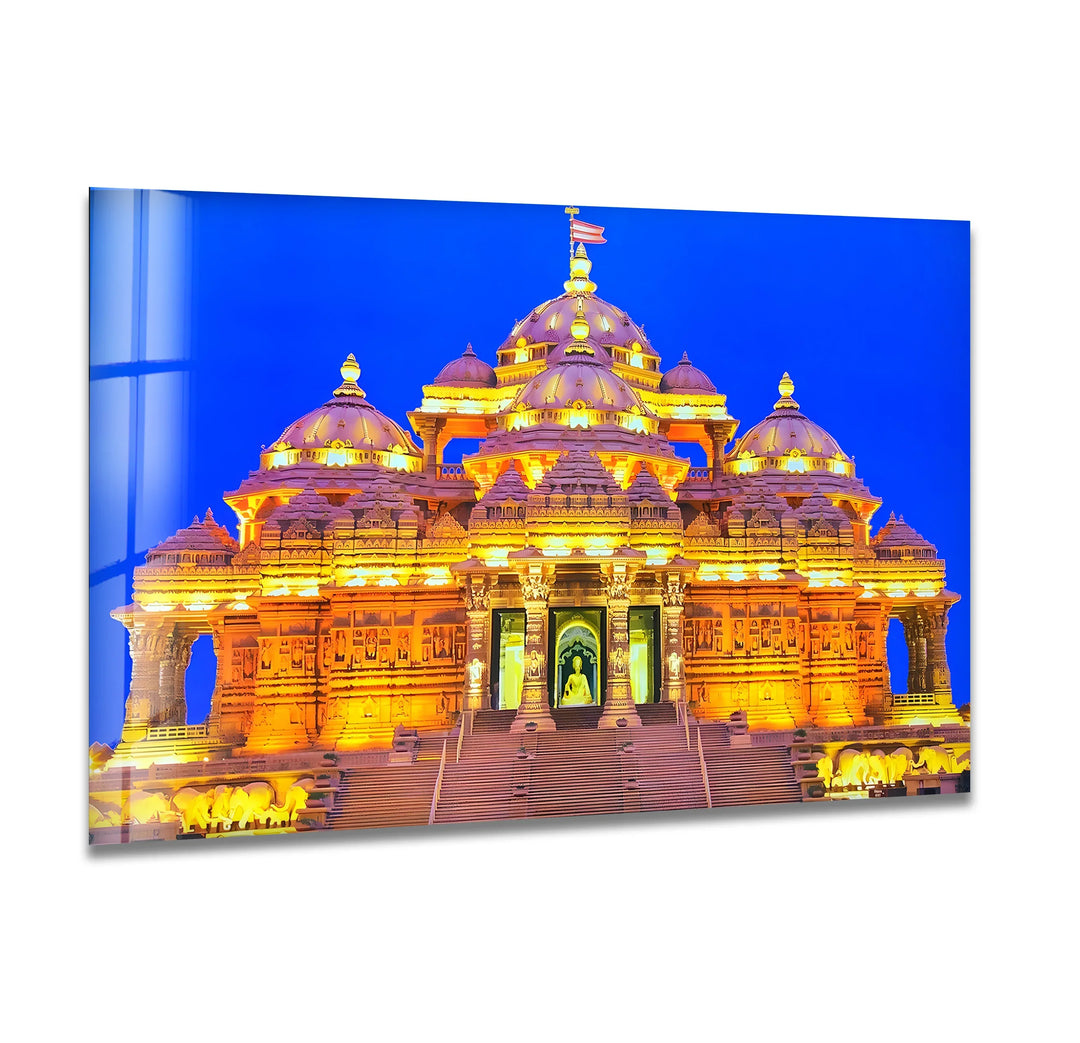 Akshardham Temple: Majestic Night View on Glass Wall Art