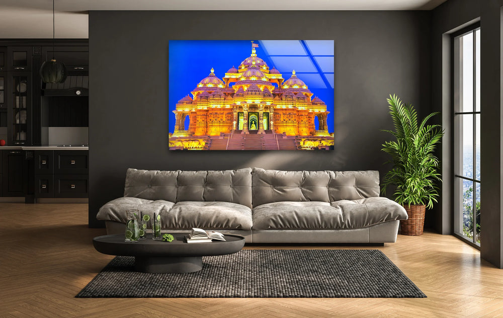 Akshardham Temple: Stunning Temple Architecture at Night on Glass Wall Art
