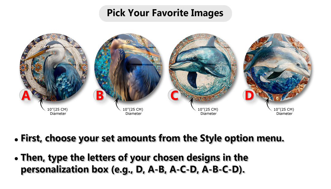 Oceanic Harmony Trio – Dolphin & Heron Mosaic Round Glass Wall Art Set