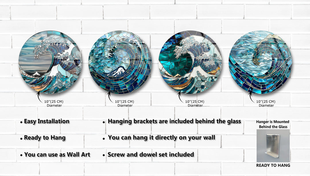 Oceanic Waves – Mosaic Sea-Inspired Round Glass Wall Art Set
