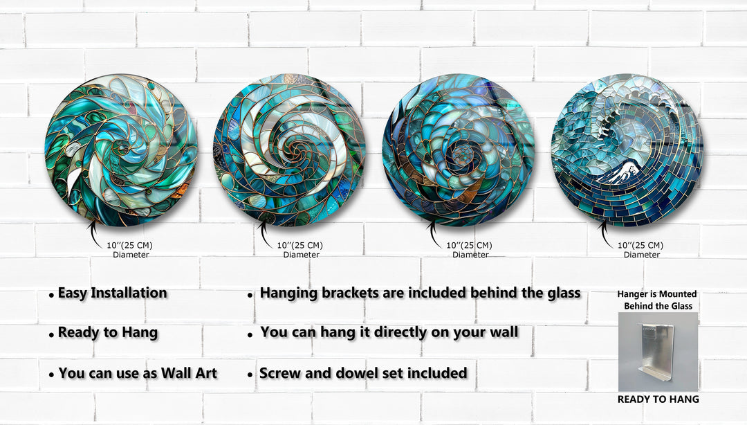 Aqua Spiral Essence – Abstract Ocean Mosaic Round Glass Wall Art Set