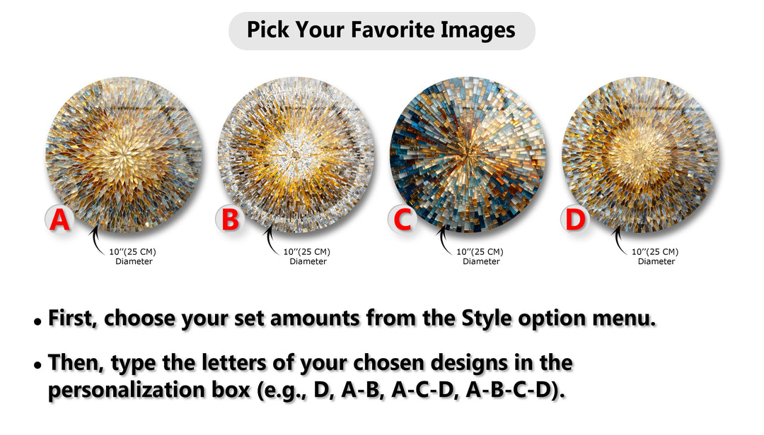 Golden Radiance Quartet – Sunburst Mosaic Round Glass Wall Art Set
