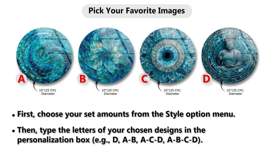 Tranquil Reflections Trio – Blue Mosaic & Buddha Round Glass Wall Art Set