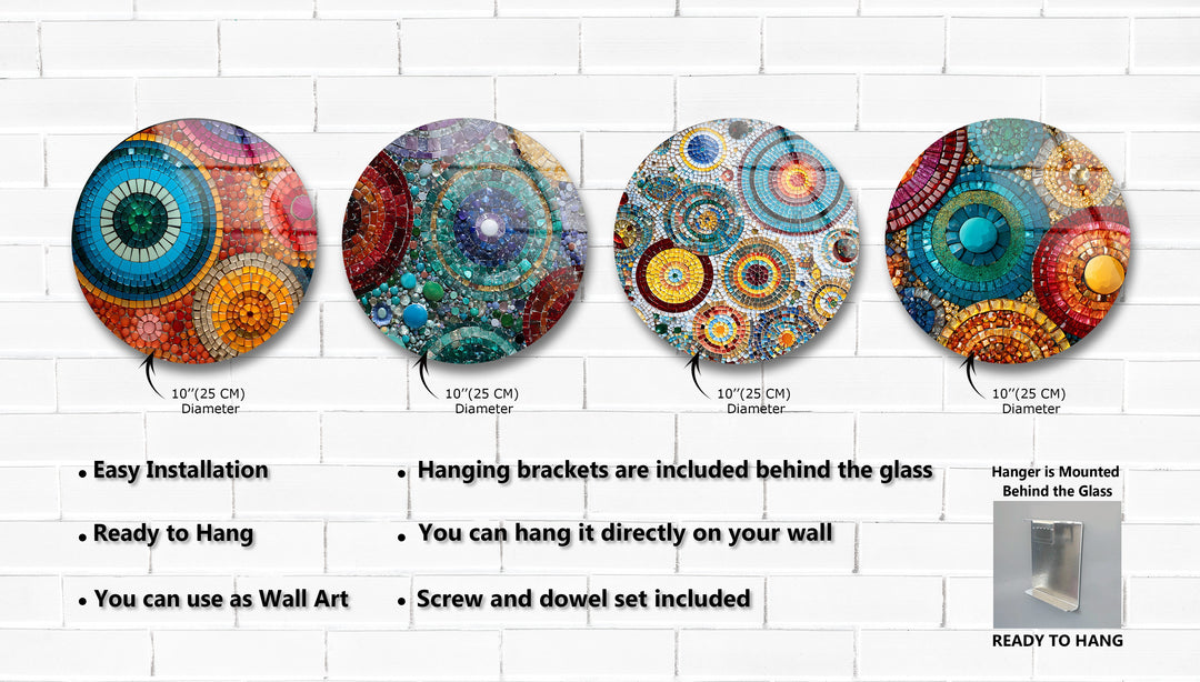 Radiant Mosaic Circles – Colorful Abstract Round Glass Wall Art Set