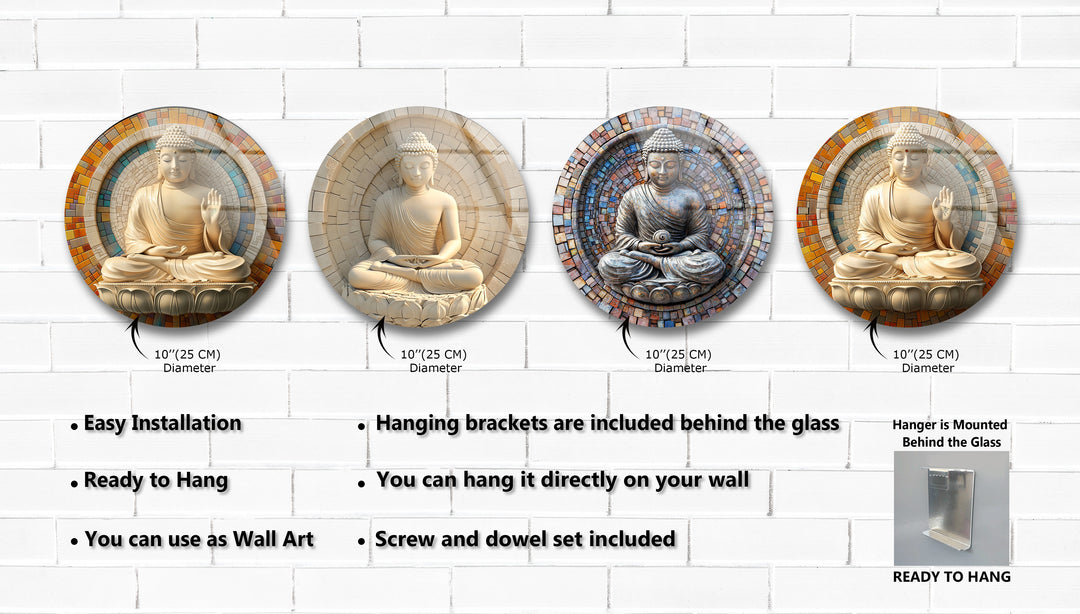 Tranquil Enlightenment – Buddha Mosaic Round Glass Wall Art Set