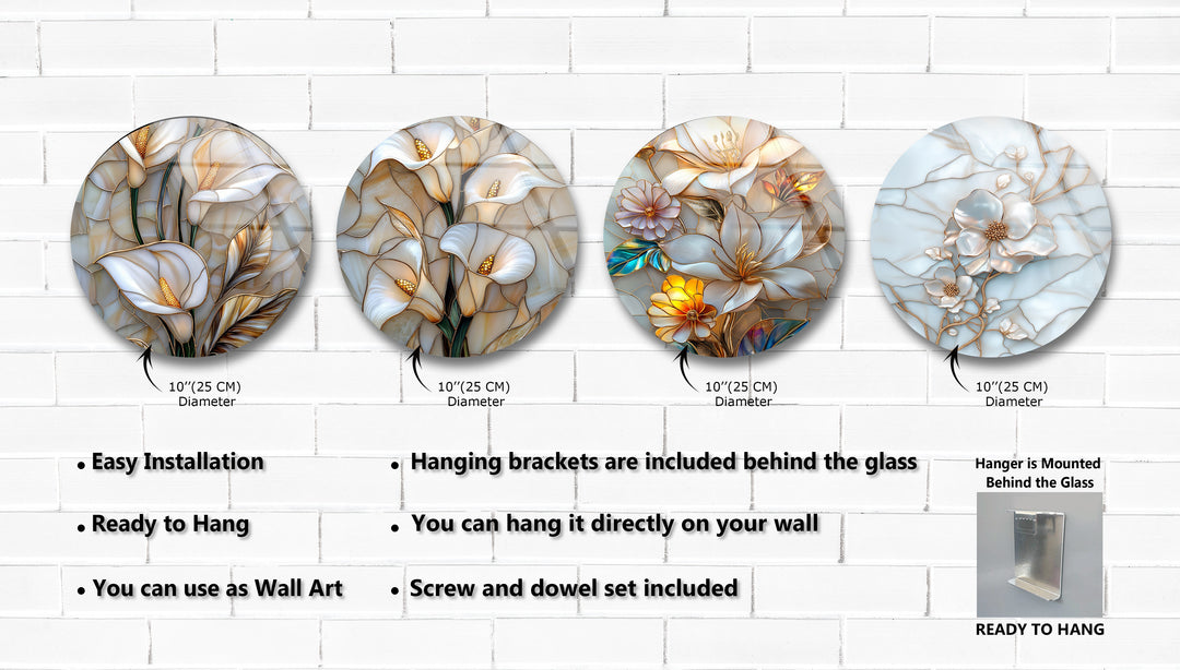 Golden Blossom Harmony – Elegant Floral Round Glass Wall Art Set