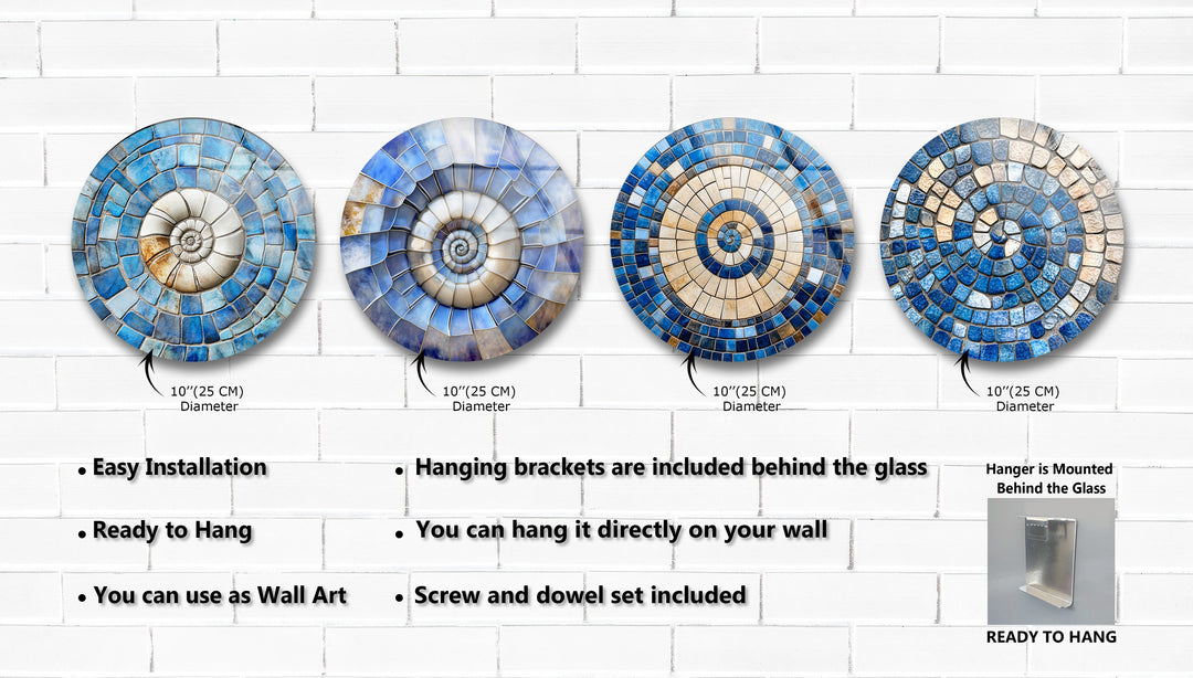 Azure Spiral Harmony – Blue Mosaic Round Glass Wall Art Set