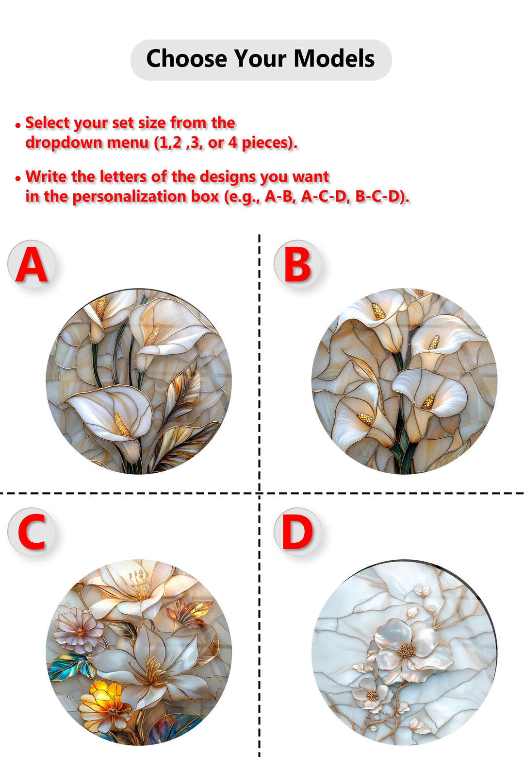 Golden Blossom Harmony – Elegant Floral Round Glass Wall Art Set
