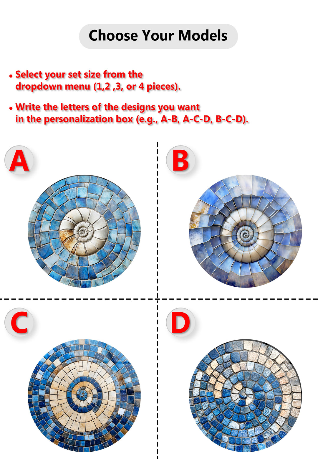 Azure Spiral Harmony – Blue Mosaic Round Glass Wall Art Set