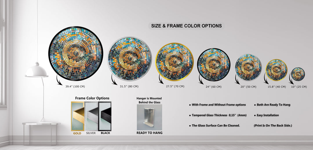 Aurora Mosaic – Radiant Blue and Gold Round Glass Wall Art