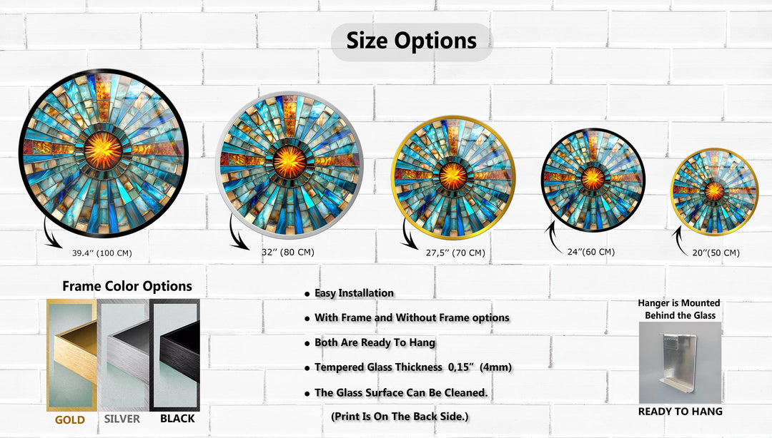 Solar Pulse – Blue & Amber Mosaic Round Glass Wall Art