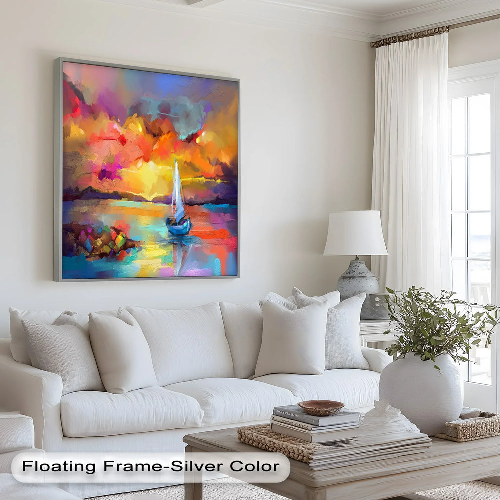 A framed wall art piece featuring a mesmerizing seascape with a small sailboat, reflecting the fiery hues of a dramatic sunset sky